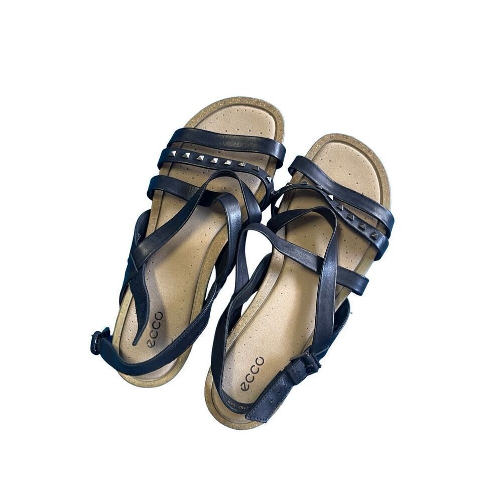 Ecco Womens Black & Tan Open Toe Leather Studs Strappy Flat Sandal Size 41